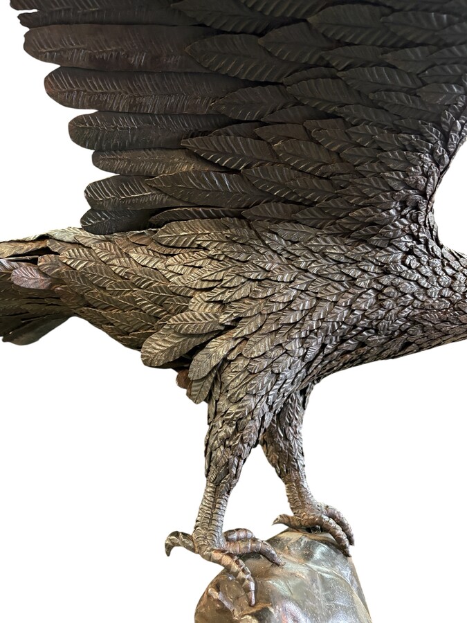 Large eagle on a rock and wrought-iron pedestal, 19thC. A superb eagle with exquisite detailing, made entirely of wrought iron, perched on a rock and mounted on a beautifully crafted pedestal, also in wrought iron. A very fine 19th-century wrought i