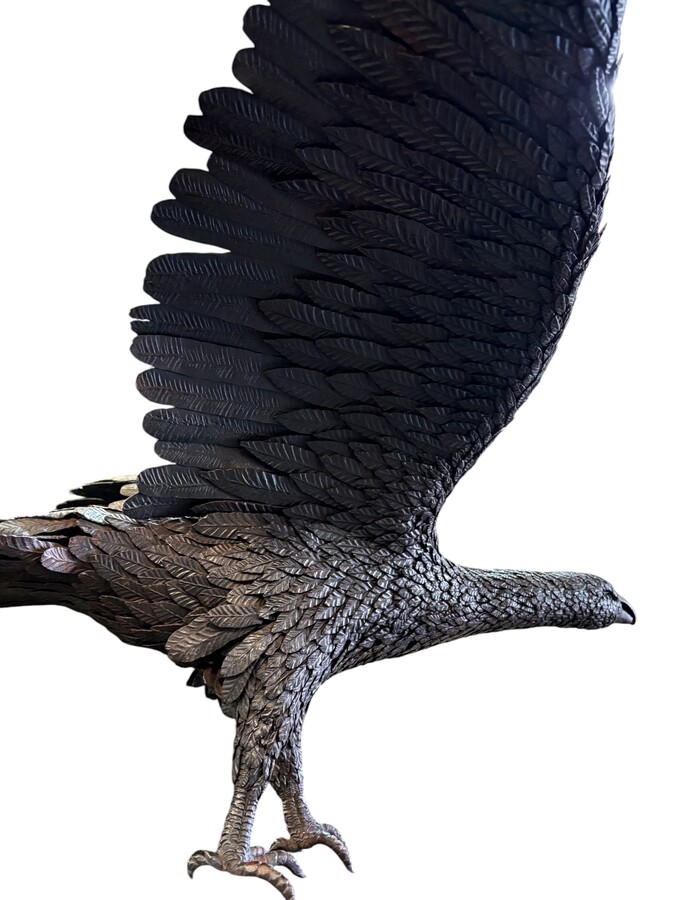 Large eagle on a rock and wrought-iron pedestal, 19thC. A superb eagle with exquisite detailing, made entirely of wrought iron, perched on a rock and mounted on a beautifully crafted pedestal, also in wrought iron. A very fine 19th-century wrought i