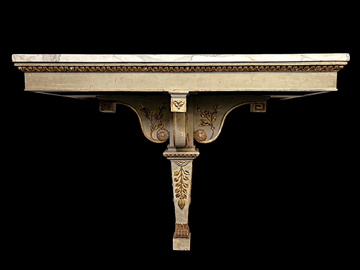 Large Empire console table with mirror, 1800–1820 (282.5 cm) Large console table with an original Empire-period mirror The console table and mirror are made of painted wood, adorned with caryatids, gilded woodwork and decorative elements.