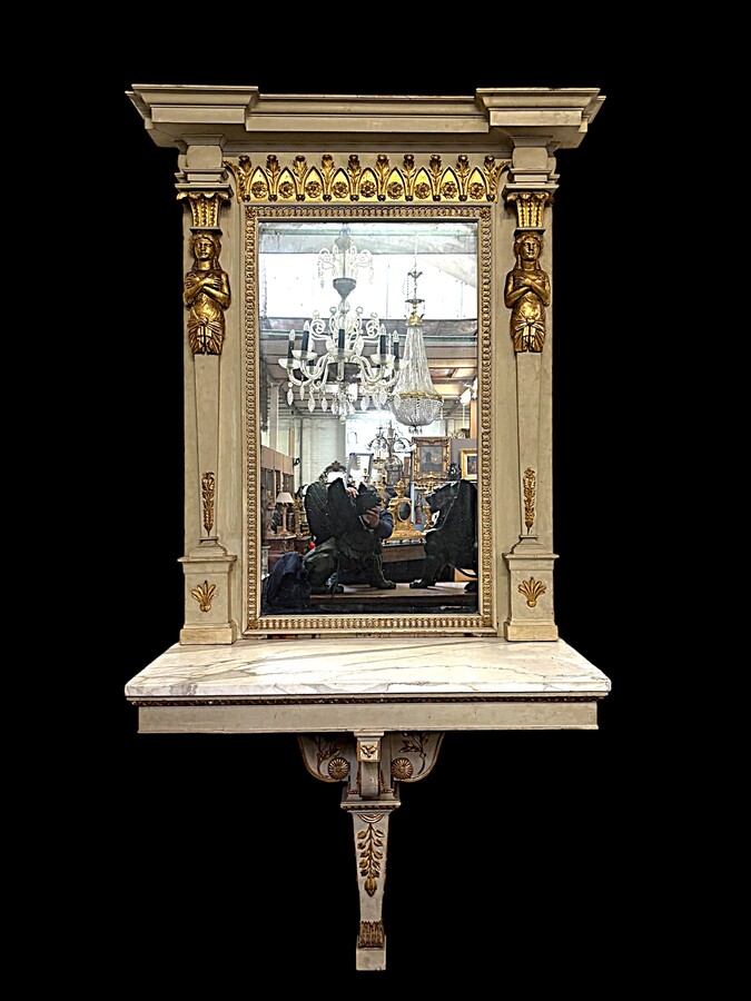 Large Empire console table with mirror, 1800–1820 (282.5 cm) Large console table with an original Empire-period mirror The console table and mirror are made of painted wood, adorned with caryatids, gilded woodwork and decorative elements.