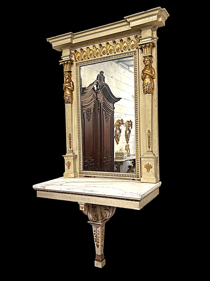 Large Empire console table with mirror, 1800–1820 (282.5 cm) Large console table with an original Empire-period mirror The console table and mirror are made of painted wood, adorned with caryatids, gilded woodwork and decorative elements.