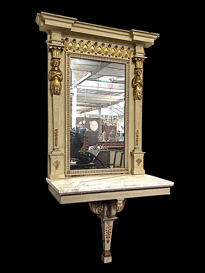 Large Empire console table with mirror, 1800–1820 (282.5 cm) Large console table with an original Empire-period mirror The console table and mirror are made of painted wood, adorned with caryatids, gilded woodwork and decorative elements.