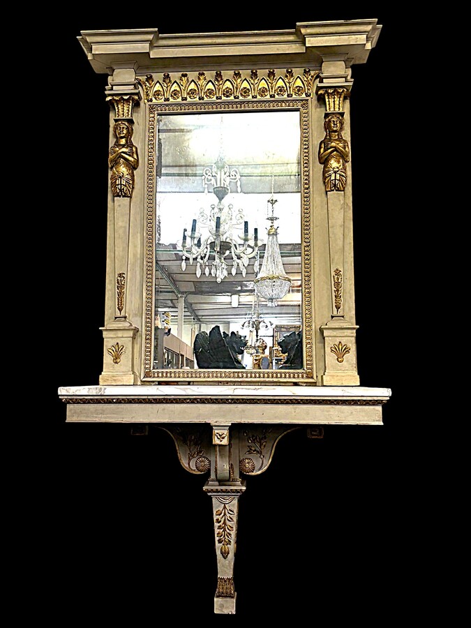 Large Empire console table with mirror, 1800–1820 (282.5 cm) Large console table with an original Empire-period mirror The console table and mirror are made of painted wood, adorned with caryatids, gilded woodwork and decorative elements.