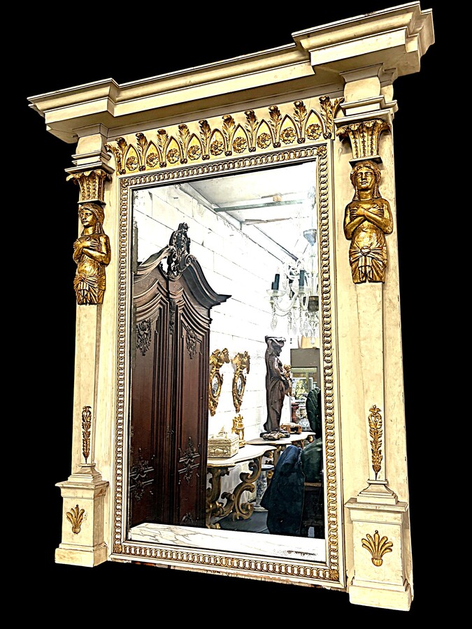 Large Empire console table with mirror, 1800–1820 (282.5 cm) Large console table with an original Empire-period mirror The console table and mirror are made of painted wood, adorned with caryatids, gilded woodwork and decorative elements.