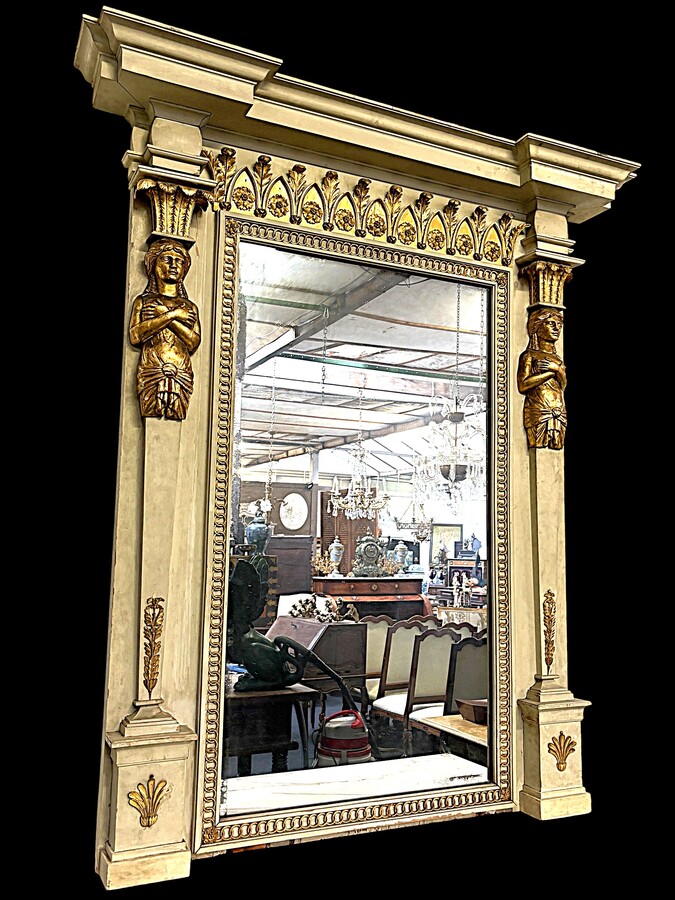 Large Empire console table with mirror, 1800–1820 (282.5 cm) Large console table with an original Empire-period mirror The console table and mirror are made of painted wood, adorned with caryatids, gilded woodwork and decorative elements.