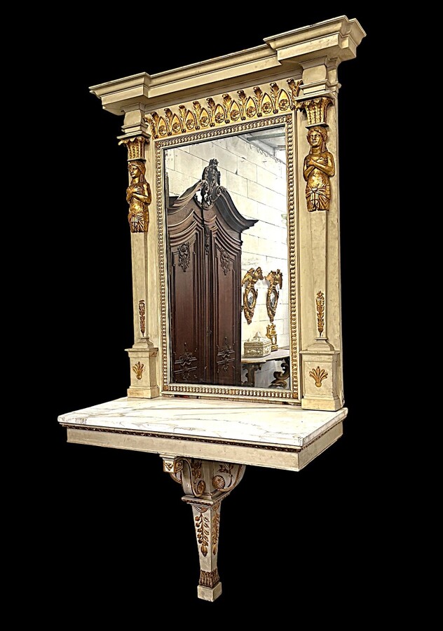 Large Empire console table with mirror, 1800–1820 (282.5 cm) Large console table with an original Empire-period mirror The console table and mirror are made of painted wood, adorned with caryatids, gilded woodwork and decorative elements.