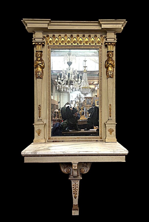 Large Empire console table with mirror, 1800–1820 (282.5 cm) Large console table with an original Empire-period mirror The console table and mirror are made of painted wood, adorned with caryatids, gilded woodwork and decorative elements.