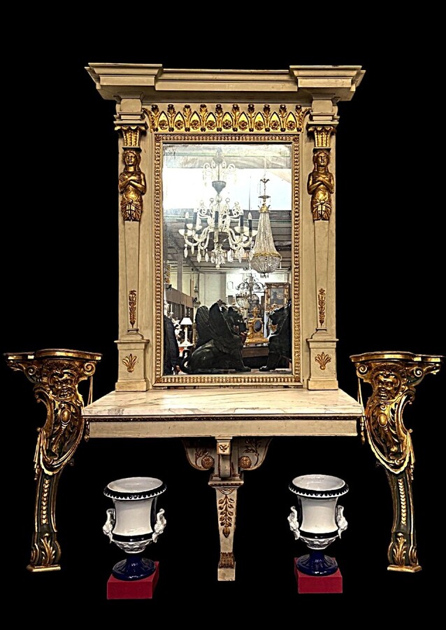 Large Empire console table with mirror, 1800–1820 (282.5 cm) Large console table with an original Empire-period mirror The console table and mirror are made of painted wood, adorned with caryatids, gilded woodwork and decorative elements.