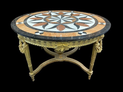 Large Gilded Wood Center Table / Quéridon With inlaid Marble Top In The Louis XVI Style From The Napoleon III Period. Nice Model All Carved Wood In Good Condition, No Original Gilding. Dimensions : Diameter : 120 Cm Height : 75 Cm