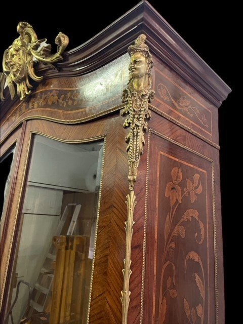 Large Inlaid Library From The Napoleon III. Louis XV Style, Decorated With Large Gilt Bronze Ornaments And Inlaid With Marquetry. Stamped