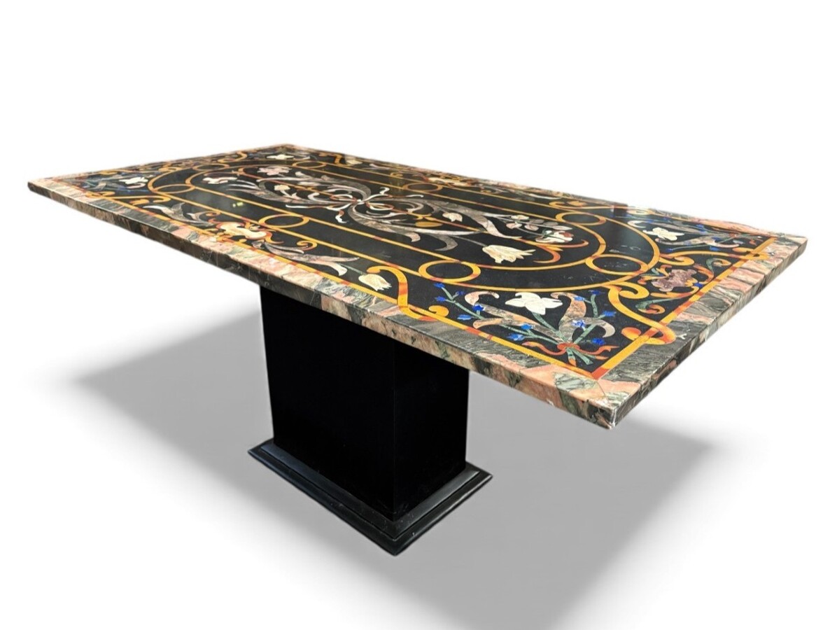 Large Italian marble table with coloured semi-precious stones, 20thC ( 181 x 91 x 78 cm ) Nice 3 cm thick top inlaid with semi-precious stones forming a floral pattern, resting on a black marble base. Highly decorative marble table