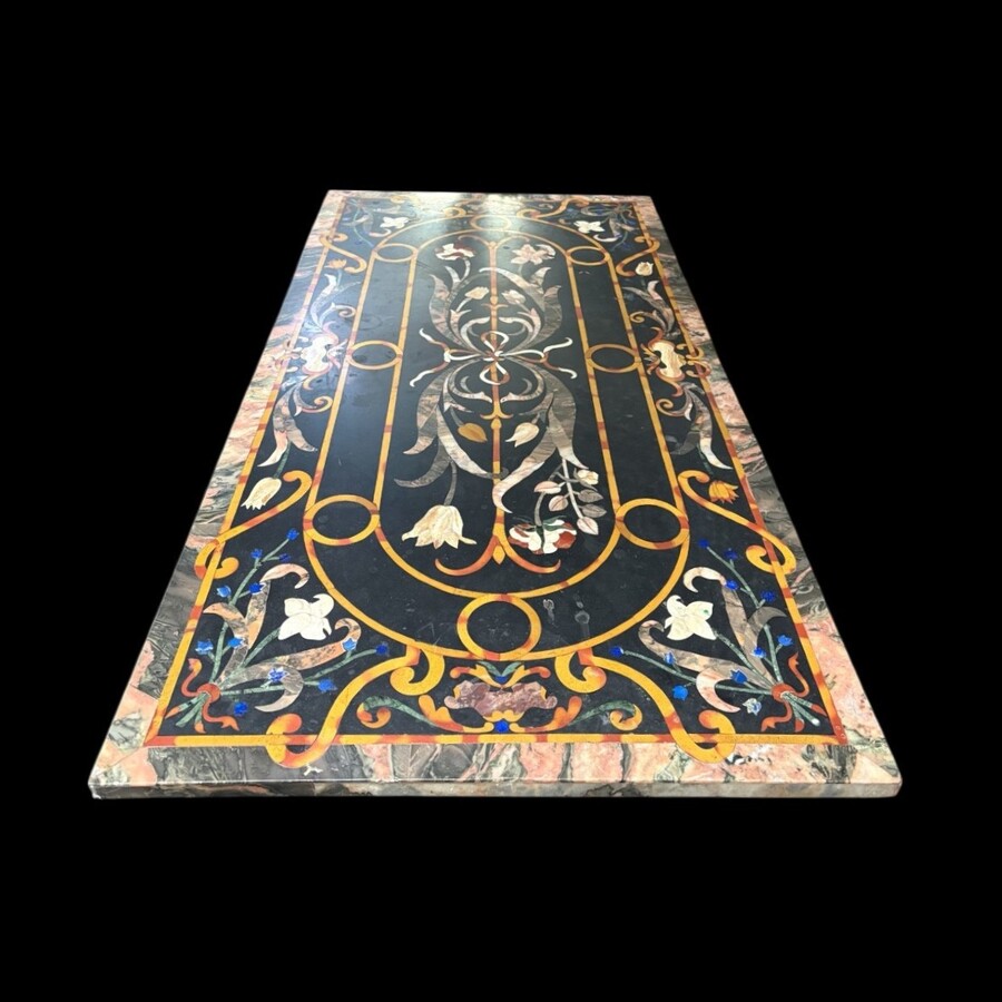 Large Italian marble table with coloured semi-precious stones, 20thC ( 181 x 91 x 78 cm ) Nice 3 cm thick top inlaid with semi-precious stones forming a floral pattern, resting on a black marble base. Highly decorative marble table