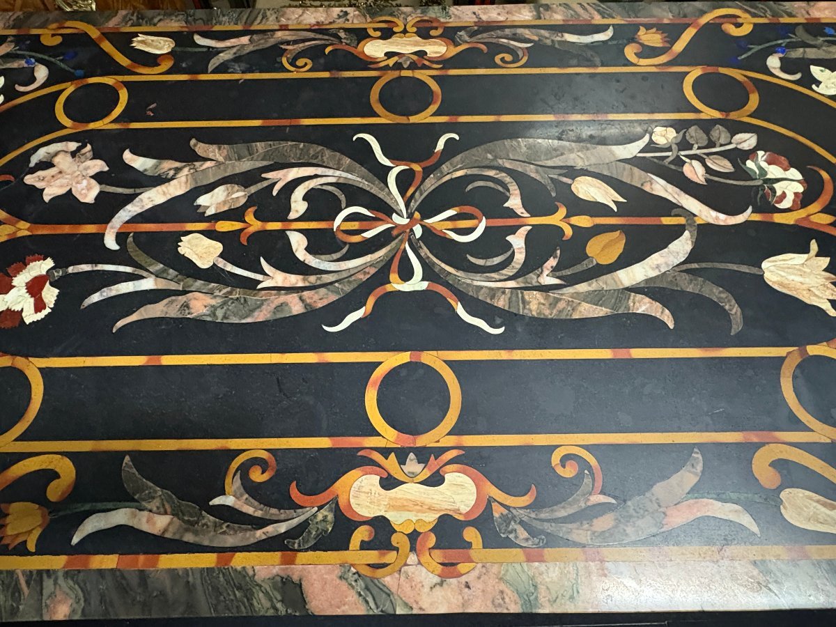 Large Italian marble table with coloured semi-precious stones, 20thC ( 181 x 91 x 78 cm ) Nice 3 cm thick top inlaid with semi-precious stones forming a floral pattern, resting on a black marble base. Highly decorative marble table