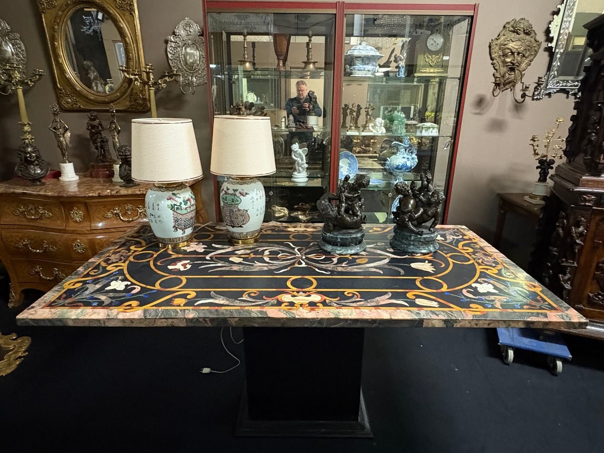 Large Italian marble table with coloured semi-precious stones, 20thC ( 181 x 91 x 78 cm ) Nice 3 cm thick top inlaid with semi-precious stones forming a floral pattern, resting on a black marble base. Highly decorative marble table