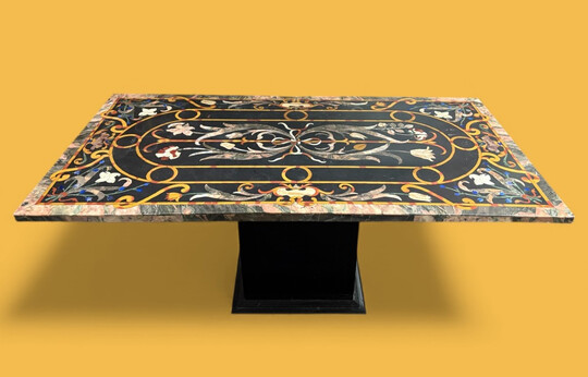 Large Italian marble table with coloured semi-precious stones, 20thC ( 181 x 91 x 78 cm ) Nice 3 cm thick top inlaid with semi-precious stones forming a floral pattern, resting on a black marble base. Highly decorative marble table In very g