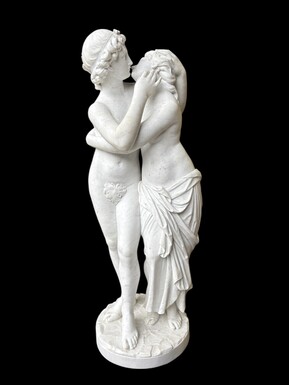 Large sculpture (116 cm) ‘Amor and Psyche’ in Carrara marble, 19th century Psyche is a female character from Greek mythology. Psyche was the daughter of a king and had two sisters. She was the lover of Eros. 