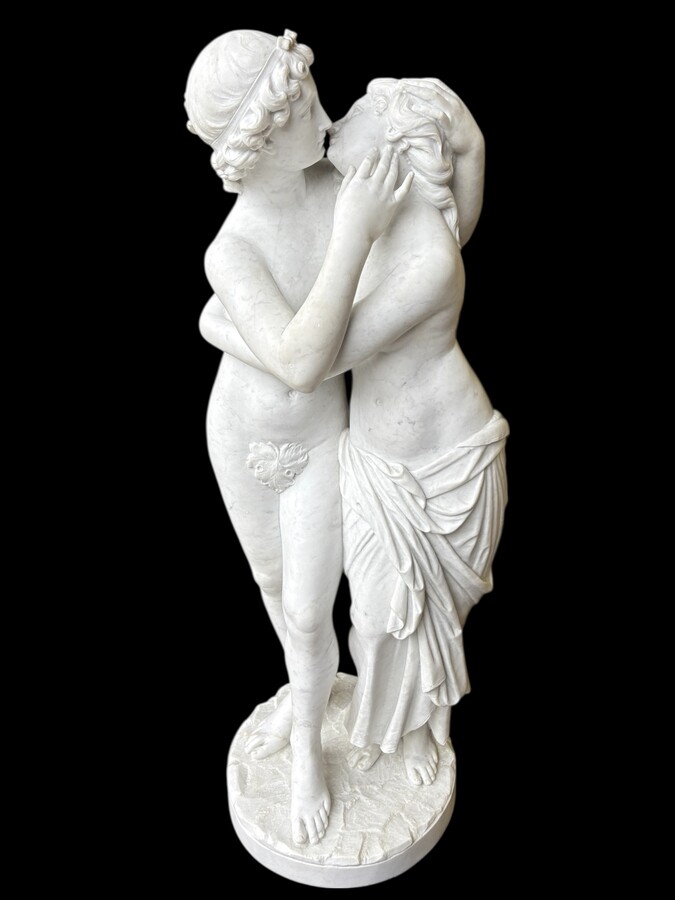 Large sculpture (116 cm) ‘Amor and Psyche’ in Carrara marble, 19th century Psyche is a female character from Greek mythology. Psyche was the daughter of a king and had two sisters. She was the lover of Eros. 