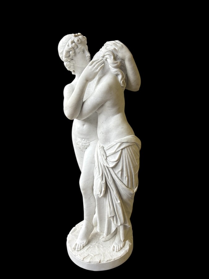 Large sculpture (116 cm) ‘Amor and Psyche’ in Carrara marble, 19th century Psyche is a female character from Greek mythology. Psyche was the daughter of a king and had two sisters. She was the lover of Eros. 