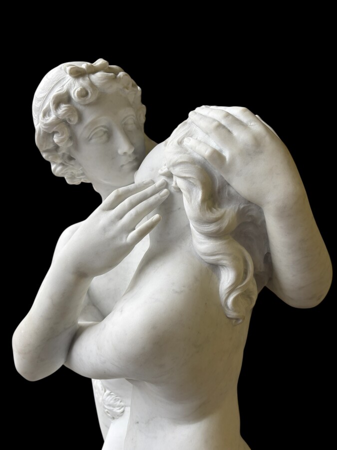 Large sculpture (116 cm) ‘Amor and Psyche’ in Carrara marble, 19th century Psyche is a female character from Greek mythology. Psyche was the daughter of a king and had two sisters. She was the lover of Eros. 