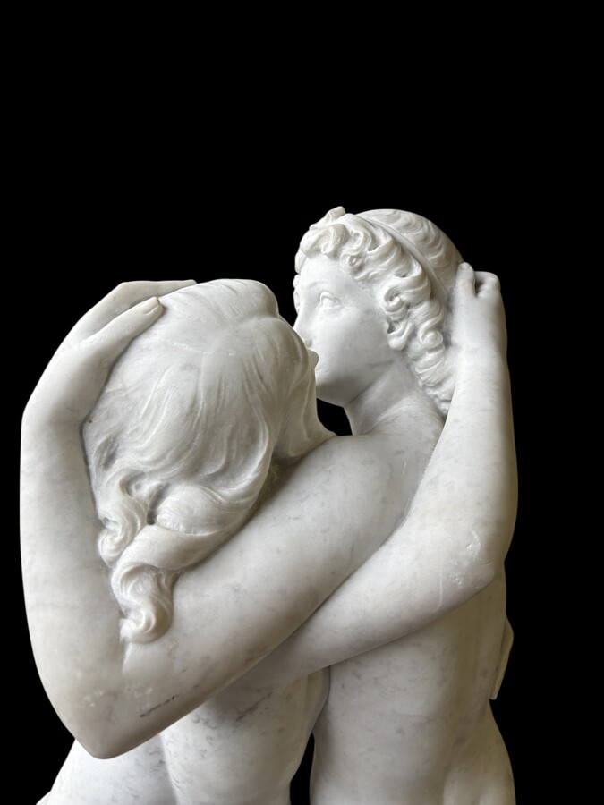 Large sculpture (116 cm) ‘Amor and Psyche’ in Carrara marble, 19th century Psyche is a female character from Greek mythology. Psyche was the daughter of a king and had two sisters. She was the lover of Eros. 