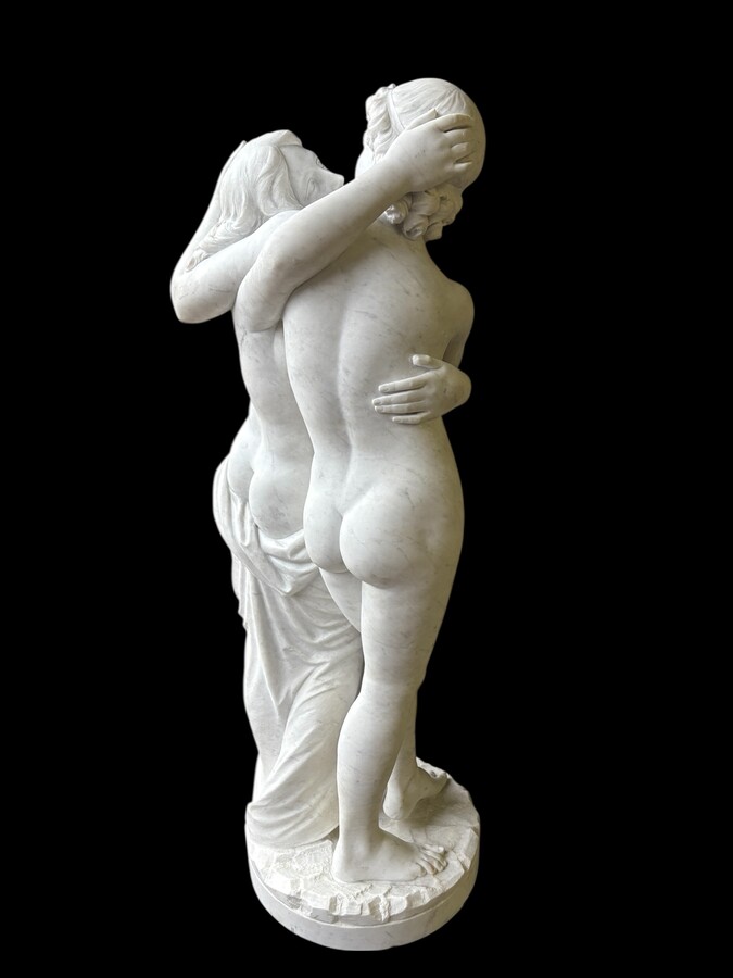 Large sculpture (116 cm) ‘Amor and Psyche’ in Carrara marble, 19th century Psyche is a female character from Greek mythology. Psyche was the daughter of a king and had two sisters. She was the lover of Eros. 