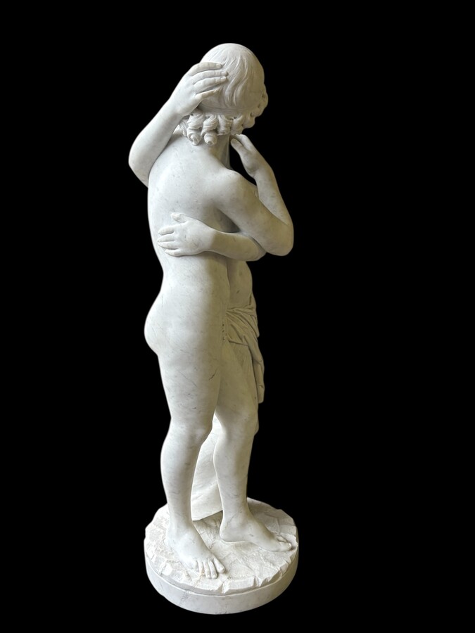 Large sculpture (116 cm) ‘Amor and Psyche’ in Carrara marble, 19th century Psyche is a female character from Greek mythology. Psyche was the daughter of a king and had two sisters. She was the lover of Eros. 