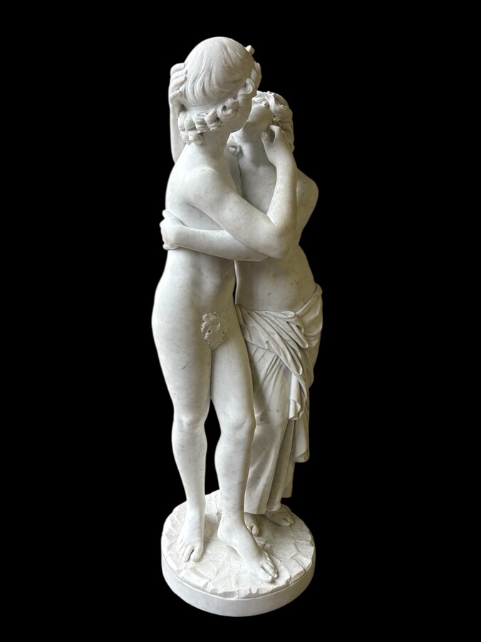Large sculpture (116 cm) ‘Amor and Psyche’ in Carrara marble, 19th century Psyche is a female character from Greek mythology. Psyche was the daughter of a king and had two sisters. She was the lover of Eros. 