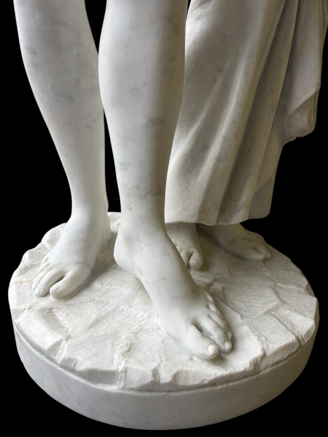 Large sculpture (116 cm) ‘Amor and Psyche’ in Carrara marble, 19th century Psyche is a female character from Greek mythology. Psyche was the daughter of a king and had two sisters. She was the lover of Eros. 