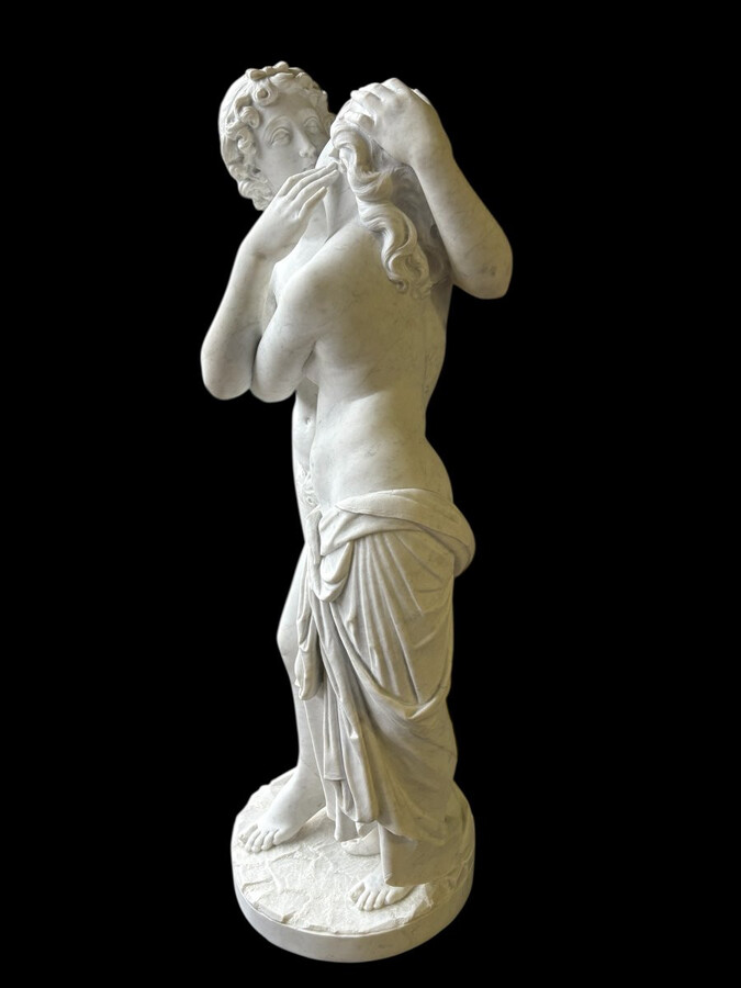 Large sculpture (116 cm) ‘Amor and Psyche’ in Carrara marble, 19th century Psyche is a female character from Greek mythology. Psyche was the daughter of a king and had two sisters. She was the lover of Eros.