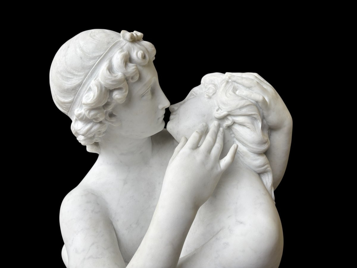 Large sculpture (116 cm) ‘Amor and Psyche’ in Carrara marble, 19th century Psyche is a female character from Greek mythology. Psyche was the daughter of a king and had two sisters. She was the lover of Eros.