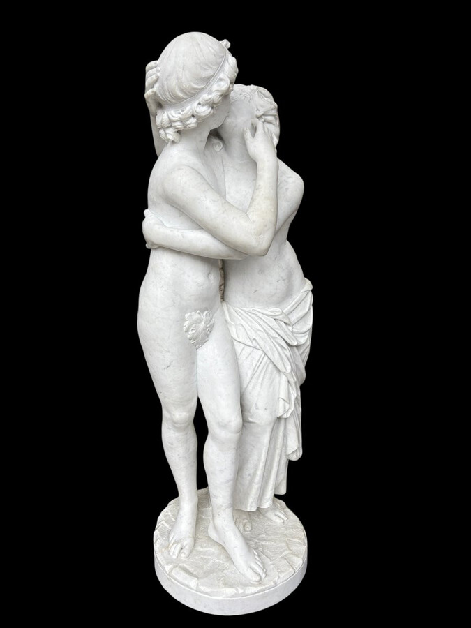 Large sculpture (116 cm) ‘Amor and Psyche’ in Carrara marble, 19th century Psyche is a female character from Greek mythology. Psyche was the daughter of a king and had two sisters. She was the lover of Eros.