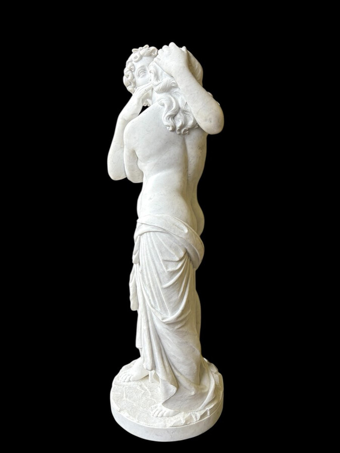 Large sculpture (116 cm) ‘Amor and Psyche’ in Carrara marble, 19th century Psyche is a female character from Greek mythology. Psyche was the daughter of a king and had two sisters. She was the lover of Eros.
