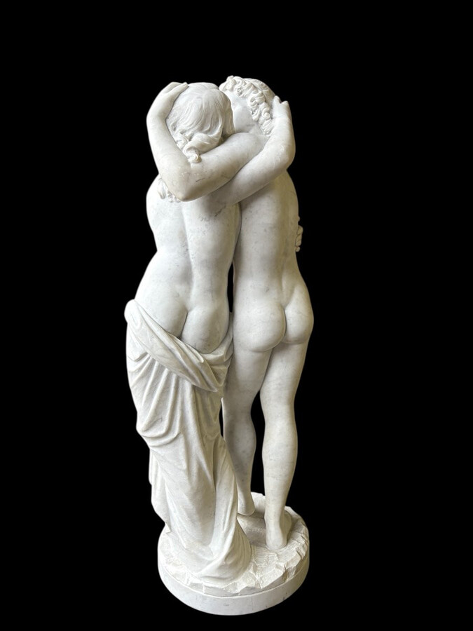 Large sculpture (116 cm) ‘Amor and Psyche’ in Carrara marble, 19th century Psyche is a female character from Greek mythology. Psyche was the daughter of a king and had two sisters. She was the lover of Eros.