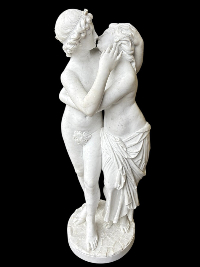 Large sculpture (116 cm) ‘Amor and Psyche’ in Carrara marble, 19th century Psyche is a female character from Greek mythology. Psyche was the daughter of a king and had two sisters. She was the lover of Eros.