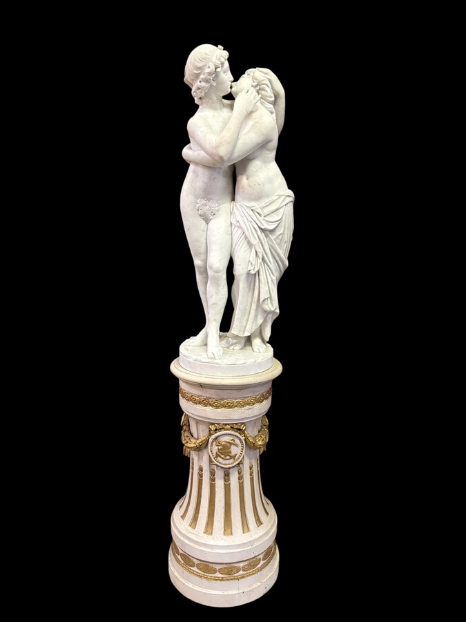 Large sculpture (116 cm) ‘Amor and Psyche’ in Carrara marble, 19th century Psyche is a female character from Greek mythology. Psyche was the daughter of a king and had two sisters. She was the lover of Eros.