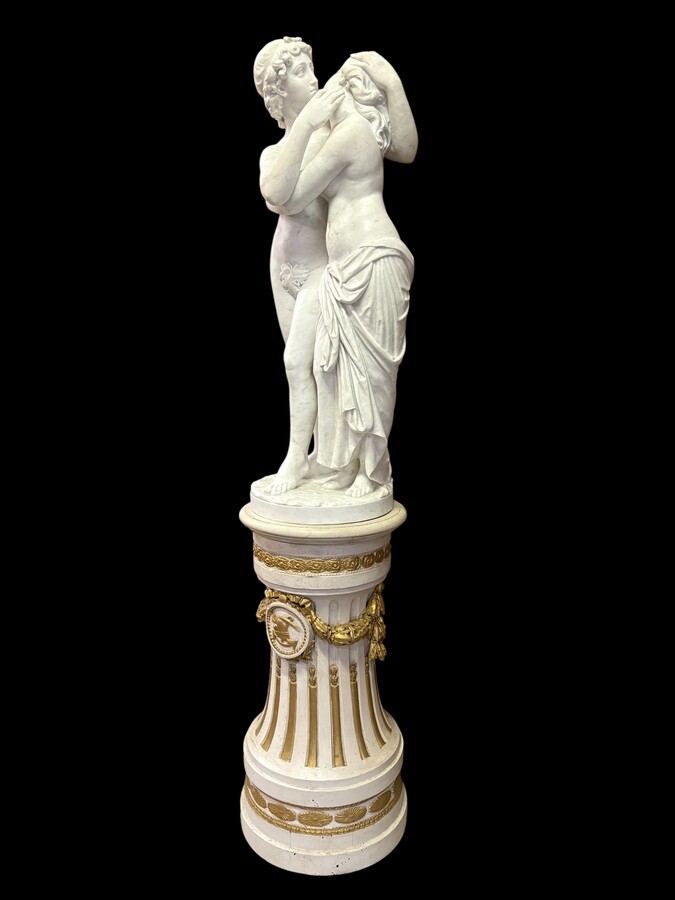 Large sculpture (116 cm) ‘Amor and Psyche’ in Carrara marble, 19th century Psyche is a female character from Greek mythology. Psyche was the daughter of a king and had two sisters. She was the lover of Eros.