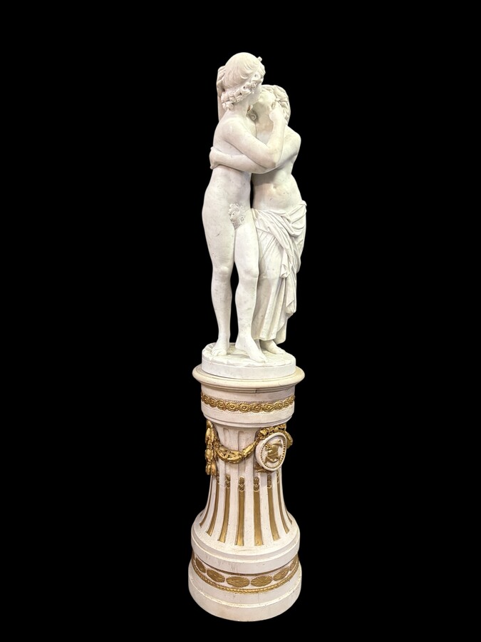 Large sculpture (116 cm) ‘Amor and Psyche’ in Carrara marble, 19th century Psyche is a female character from Greek mythology. Psyche was the daughter of a king and had two sisters. She was the lover of Eros.
