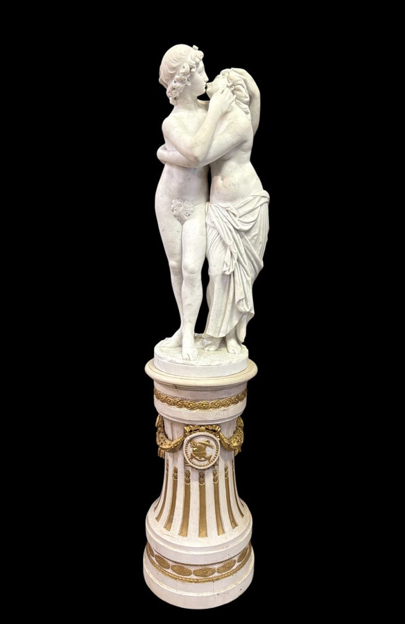 Large sculpture (116 cm) ‘Amor and Psyche’ in Carrara marble, 19th century Psyche is a female character from Greek mythology. Psyche was the daughter of a king and had two sisters. She was the lover of Eros.