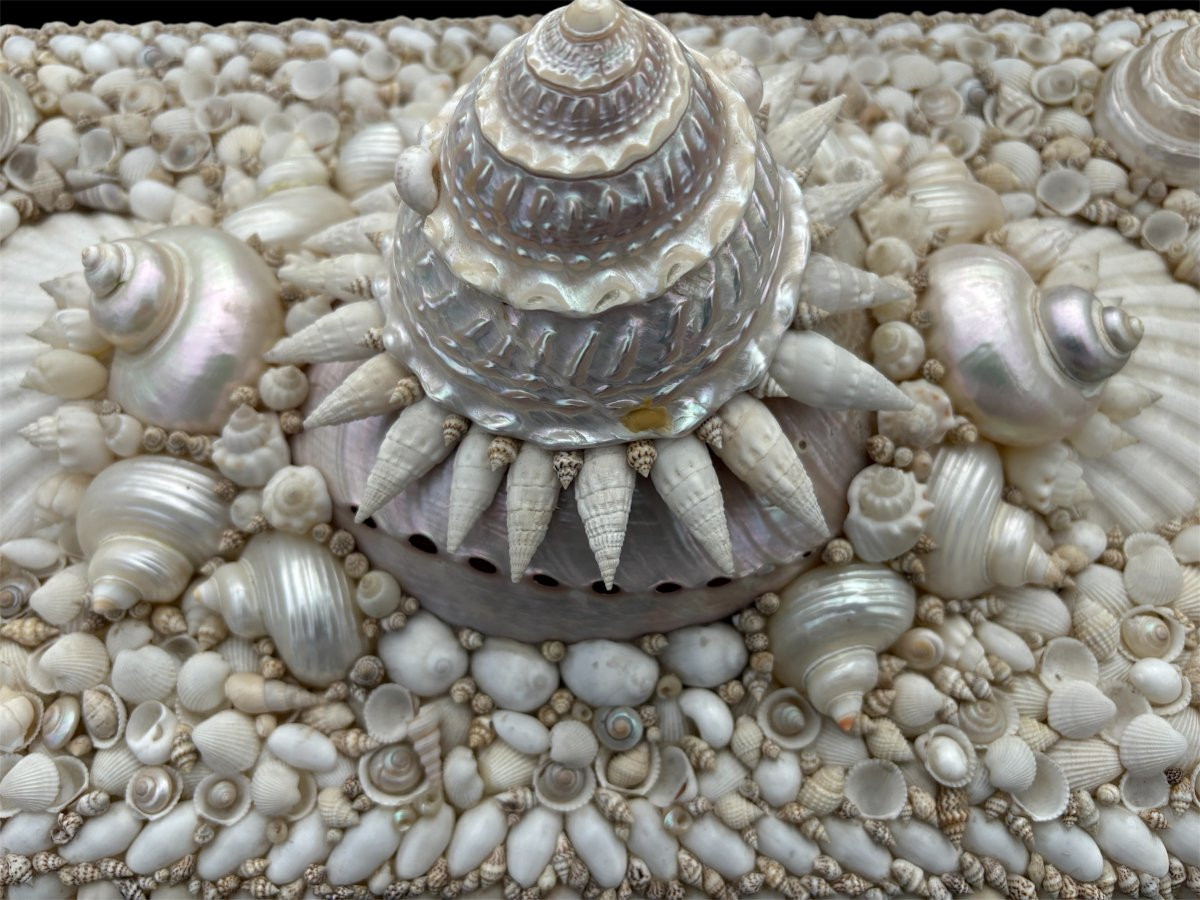 Large shell box with lid, late 20th century. A highly decorative wooden box with lid, decorated with a large number of shells of various shapes and sizes in mother-of-pearl and other materials. Dimensions: Width: 50 cm Height: 33 cm Depth: 28 cm