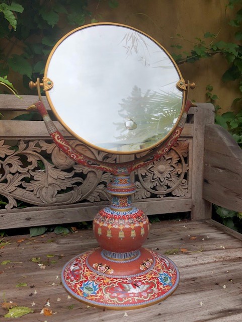 Large Tilting Mirror In Enamel Gloisonne 20th Consisting Of 2 Parts And In Very Good Condition The Mirror Has Wear Dimensions Total Height 64 Cm Total Width 42 Cm Diameter Of The