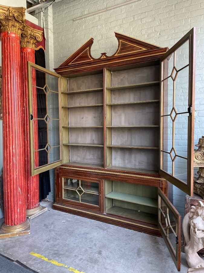Large Very decorative 4-door library circa 1900 Nice large painted Library in Empire style consisting of 2 parts with following dimensions : Height : 280 cm ( 243 without tympanum ) Width : 199 cm Depth upper part : 26 cm Depth bottom : 36 cm