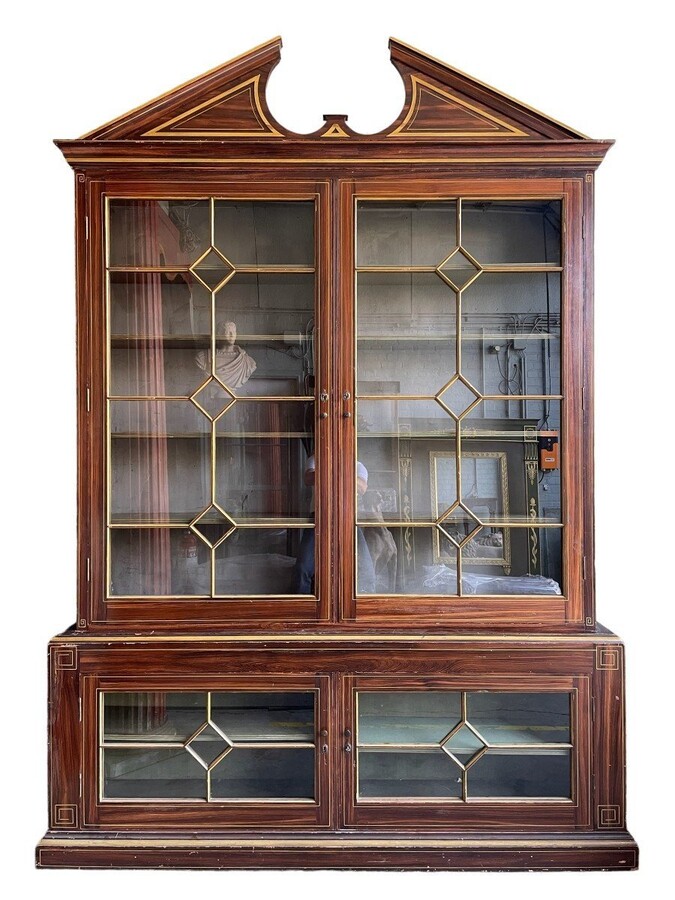 Large Very decorative 4-door library circa 1900 Nice large painted Library in Empire style consisting of 2 parts with following dimensions : Height : 280 cm ( 243 without tympanum ) Width : 199 cm Depth upper part : 26 cm Depth bottom : 36 cm