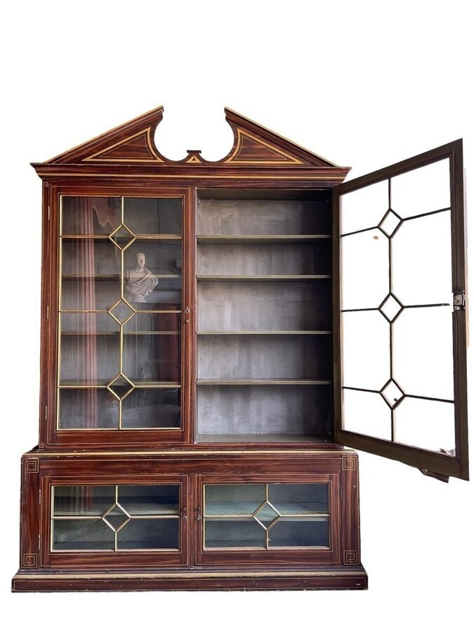 Large Very decorative 4-door library circa 1900 Nice large painted Library in Empire style consisting of 2 parts with following dimensions : Height : 280 cm ( 243 without tympanum ) Width : 199 cm Depth upper part : 26 cm Depth bottom : 36 cm