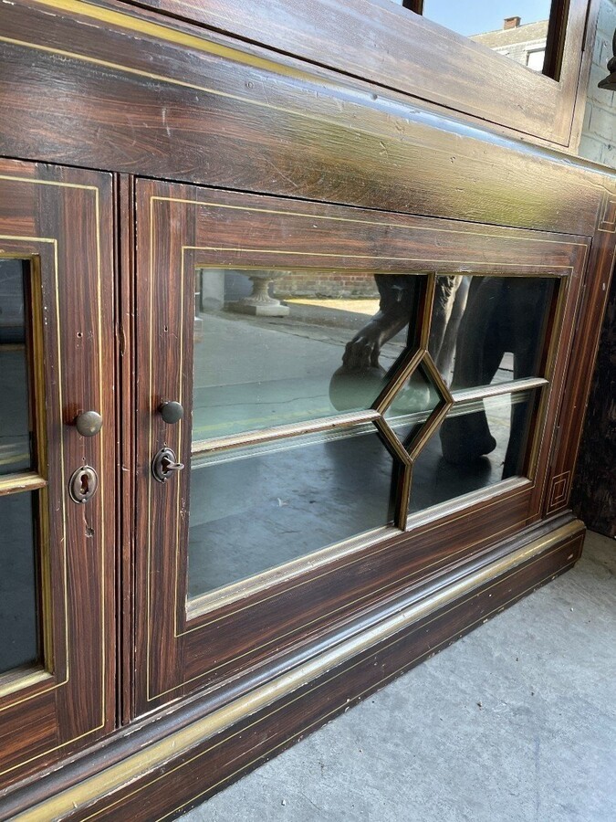 Large Very decorative 4-door library circa 1900 Nice large painted Library in Empire style consisting of 2 parts with following dimensions : Height : 280 cm ( 243 without tympanum ) Width : 199 cm Depth upper part : 26 cm Depth bottom : 36 cm