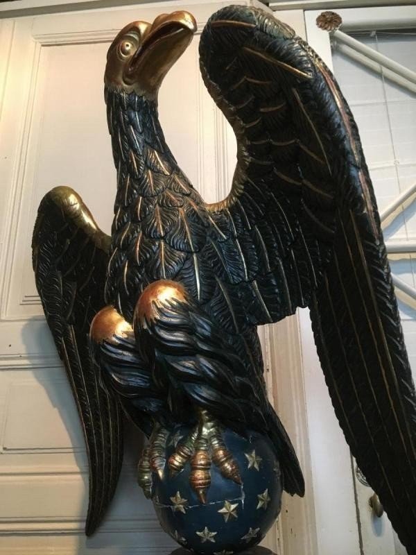 Large Wooden Eagle On Pedestal At The End Of The 18thC. Polychrome And Gilding Original Dimensions : Total Height: 1.68 M Width: 0.80 M In Good Condition