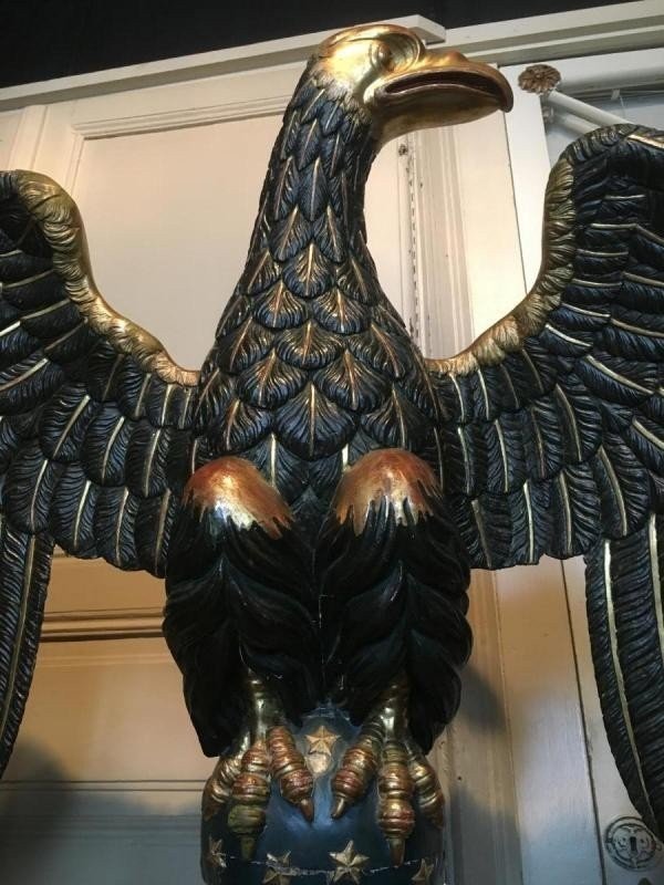 Large Wooden Eagle On Pedestal At The End Of The 18thC. Polychrome And Gilding Original Dimensions : Total Height: 1.68 M Width: 0.80 M In Good Condition