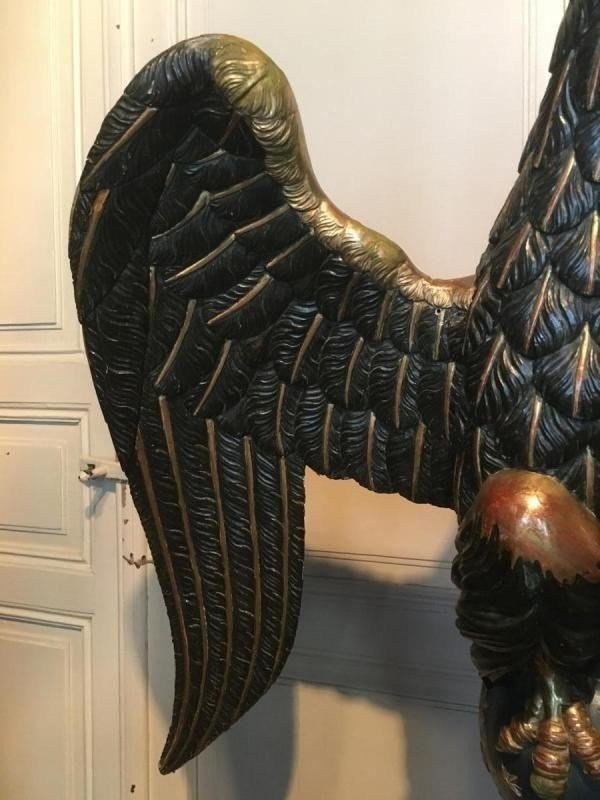Large Wooden Eagle On Pedestal At The End Of The 18thC. Polychrome And Gilding Original Dimensions : Total Height: 1.68 M Width: 0.80 M In Good Condition