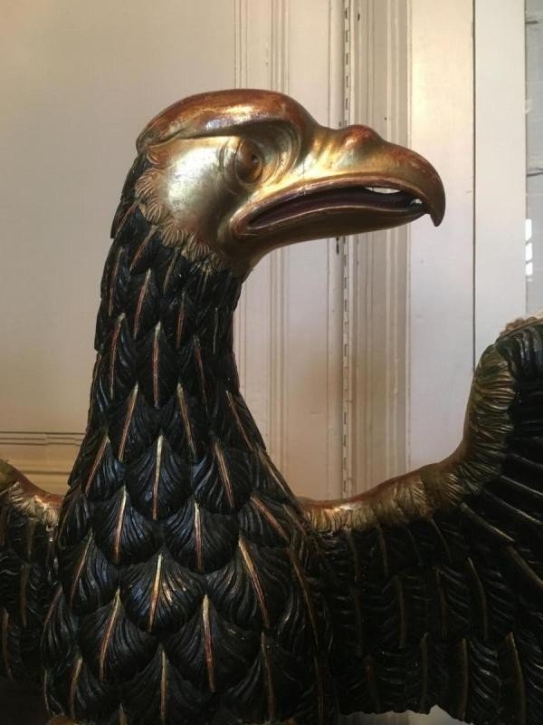 Large Wooden Eagle On Pedestal At The End Of The 18thC. Polychrome And Gilding Original Dimensions : Total Height: 1.68 M Width: 0.80 M In Good Condition