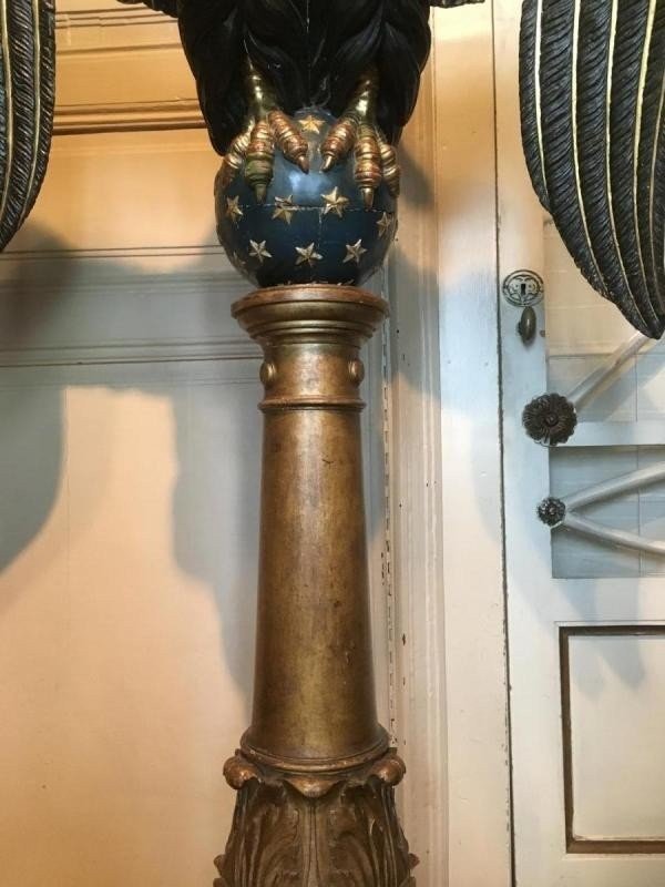 Large Wooden Eagle On Pedestal At The End Of The 18thC. Polychrome And Gilding Original Dimensions : Total Height: 1.68 M Width: 0.80 M In Good Condition