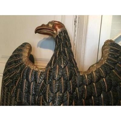 Large Wooden Eagle On Pedestal At The End Of The 18thC. Polychrome And Gilding Original Dimensions : Total Height: 1.68 M Width: 0.80 M In Good Condition